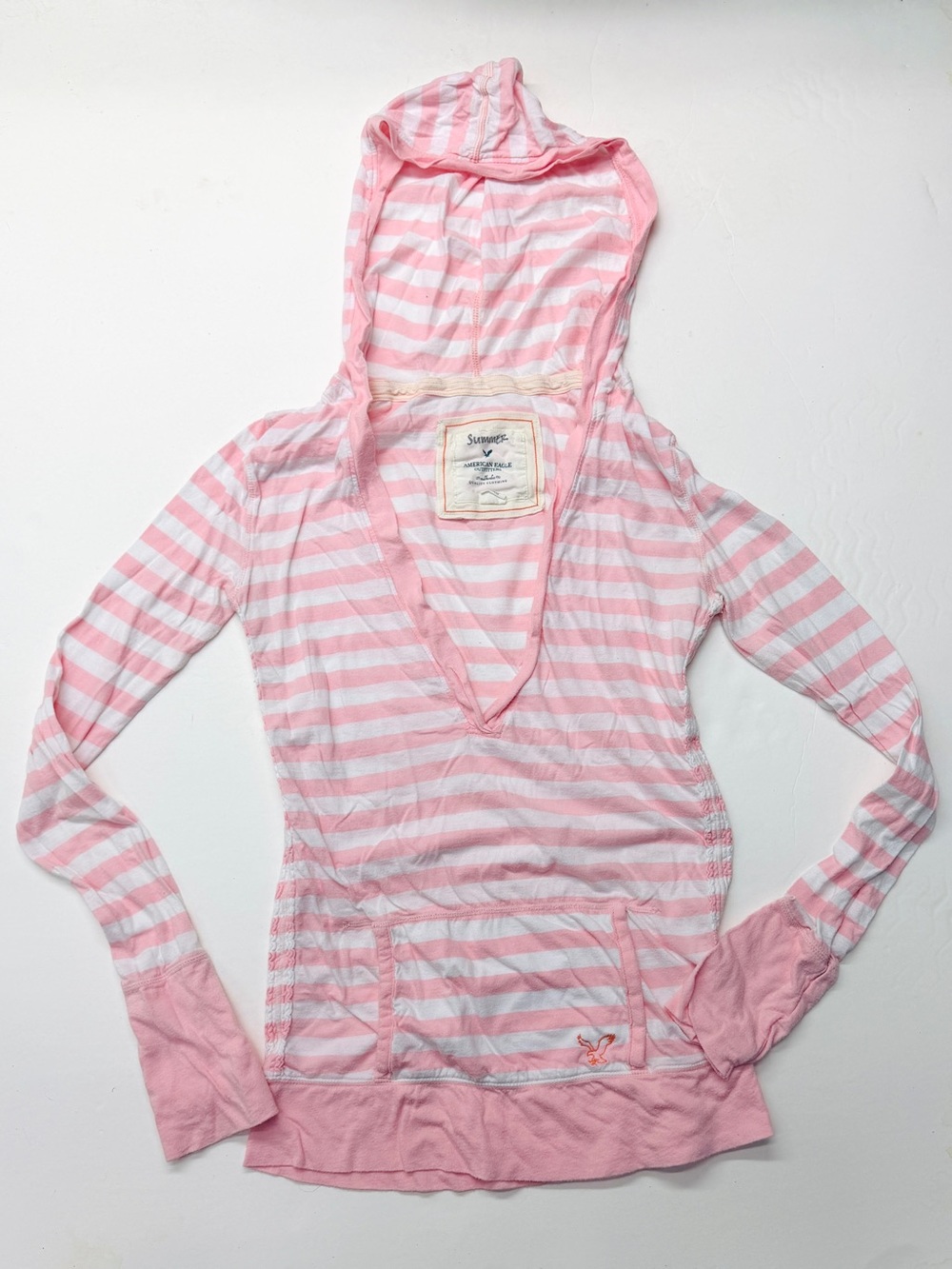 American Eagle Vintage Y2K Pink White Striped Deep V-neck Top Tee Hooded Pocket